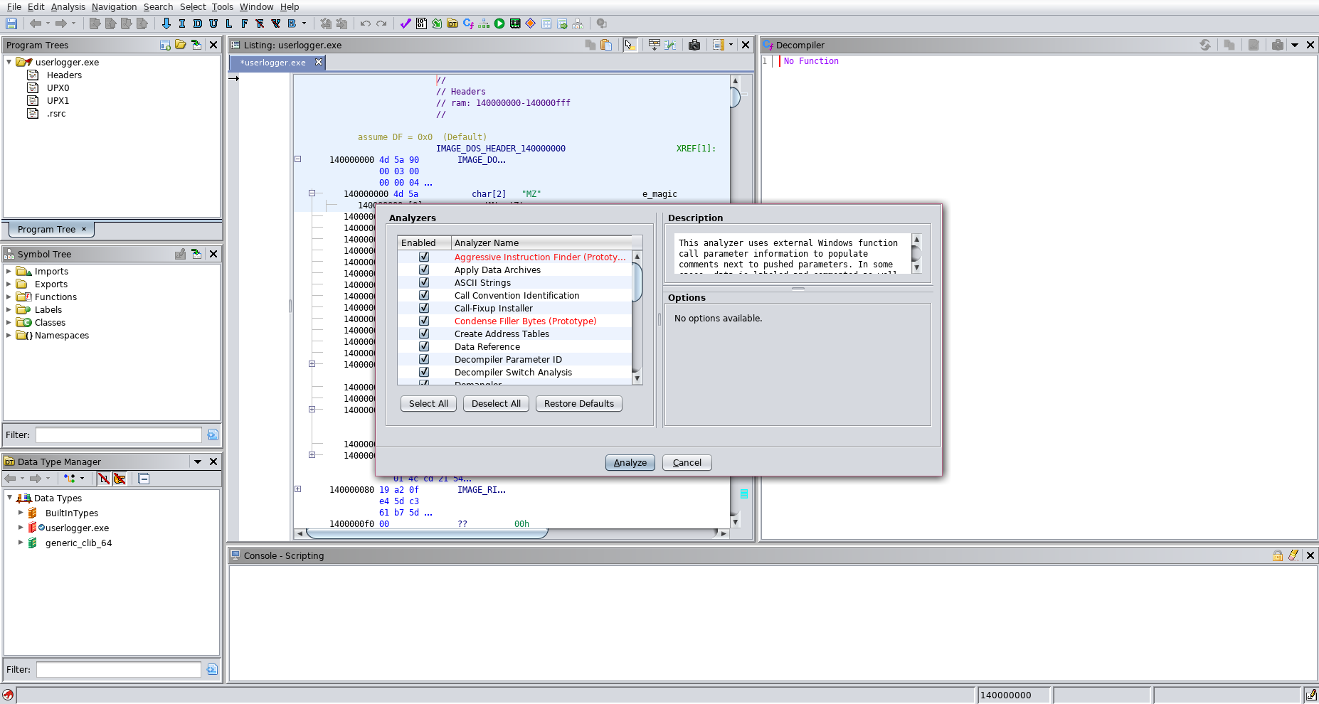 Hackback - UserLogger.exe Ghidra Analysis