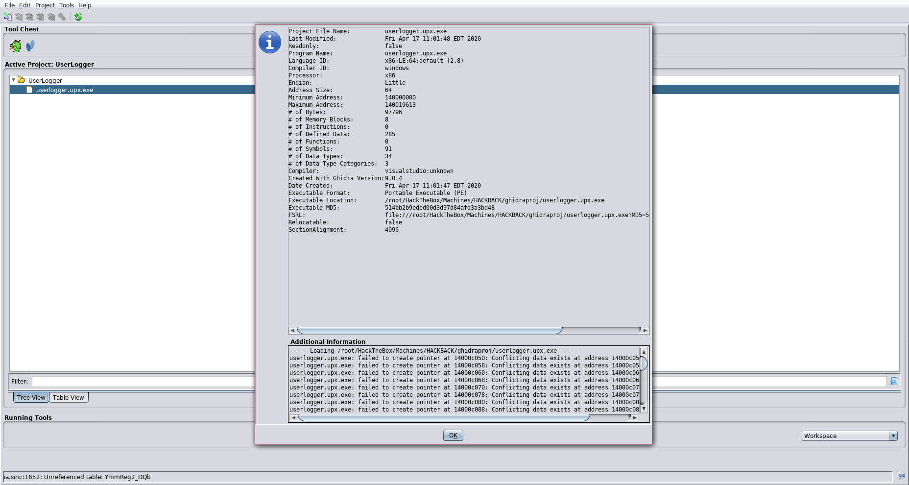 Hackback - UserLogger.exe Ghidra Import